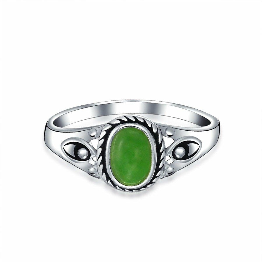 Shop Women Bling Jewelry Unique Rings | Boho Oval Dyed Green Jade Bezel Filigree Band Ring .925 Sterling Silver