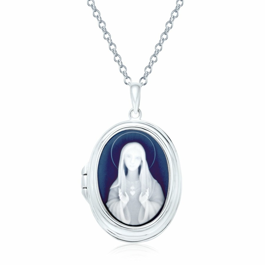 Shop Women Bling Jewelry Lockets | Blue Our Lady Of Guadalupe Virgin Mary Cameo Locket Necklace Sterling