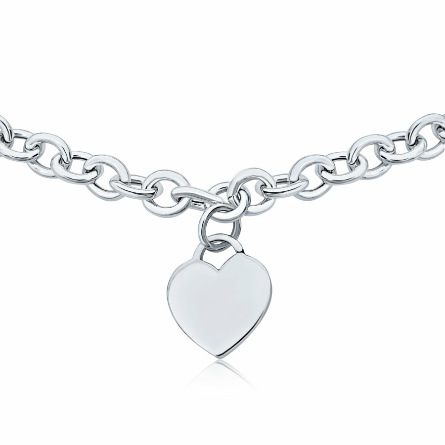 Shop Women Bling Jewelry Engravable Necklaces | Solid Heart Shape Charm Tag Bracelet Necklace .925 Sterling