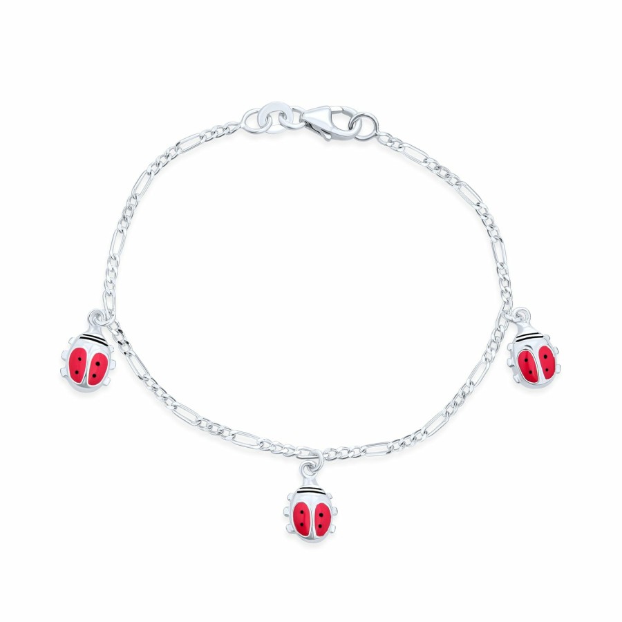 Shop Women Bling Jewelry | Pink Ladybug Dangling Charm Bracelet Women .925 Sterling Silver 6 Inch