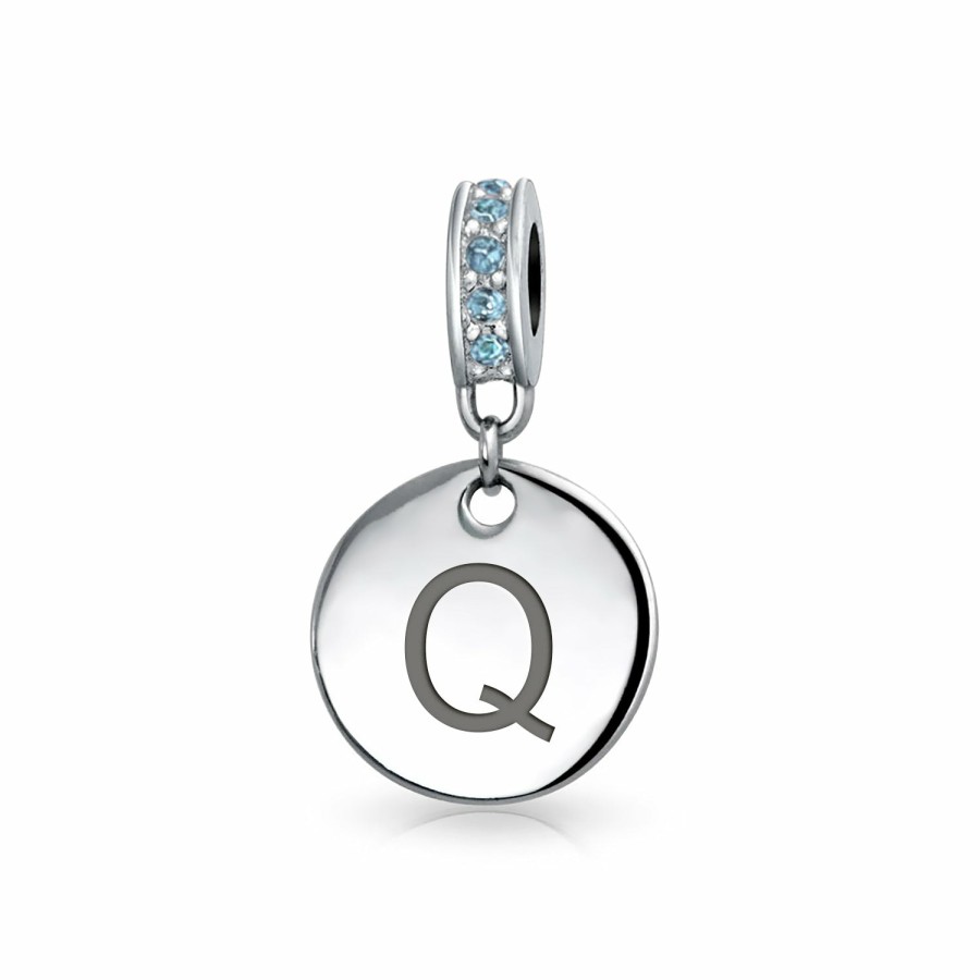 Shop Women Bling Jewelry Dangle Beads | Blue Crystal Alphabet Initials Disc Dangle Circle Charm Bead .925 Silver