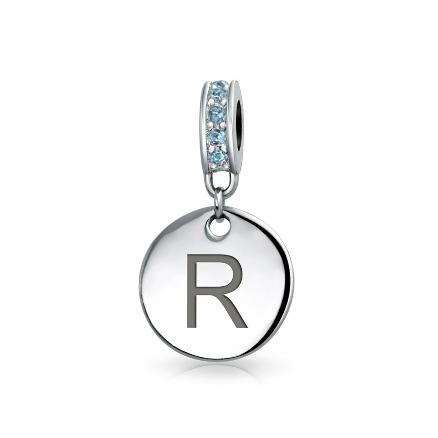 Shop Women Bling Jewelry Dangle Beads | Blue Crystal Alphabet Initials Disc Dangle Circle Charm Bead .925 Silver