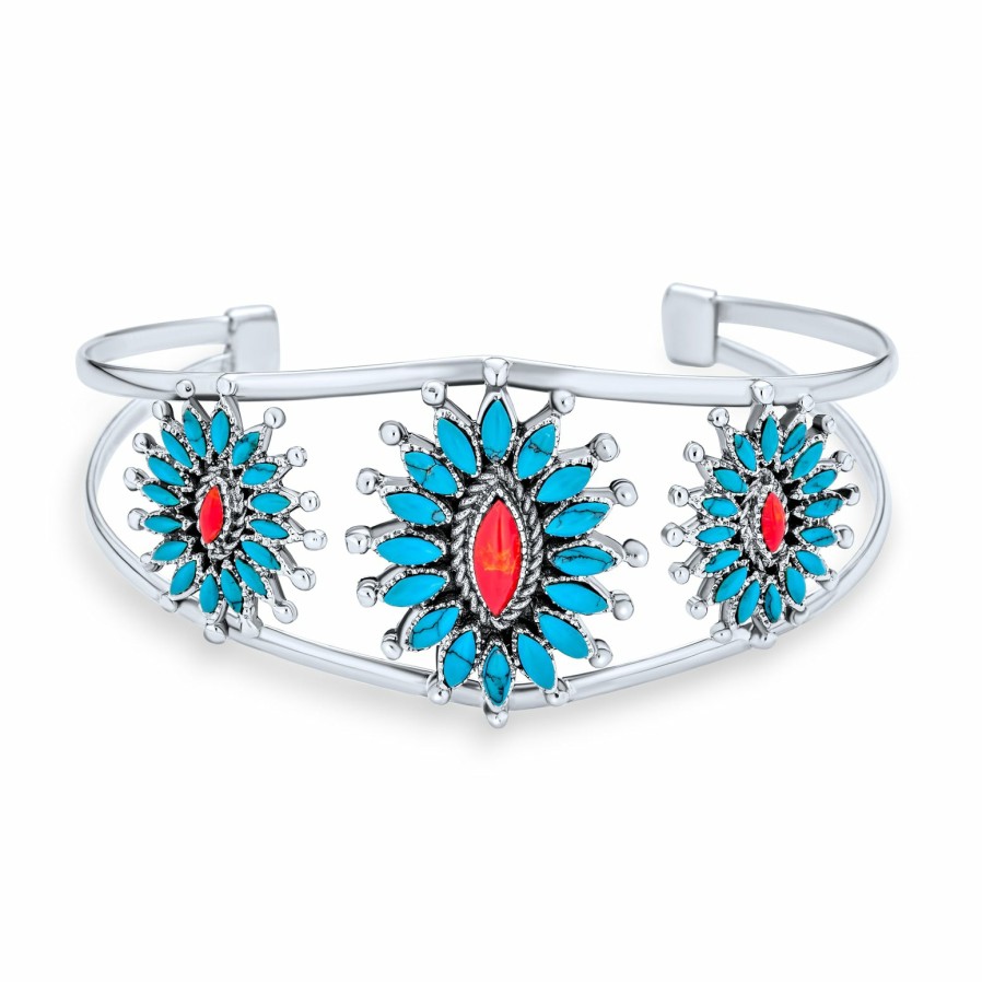 Shop Women Bling Jewelry Engravable Bracelets | Floral Cluster Native American Coral Turquoise Pendant Cuff Bracelet