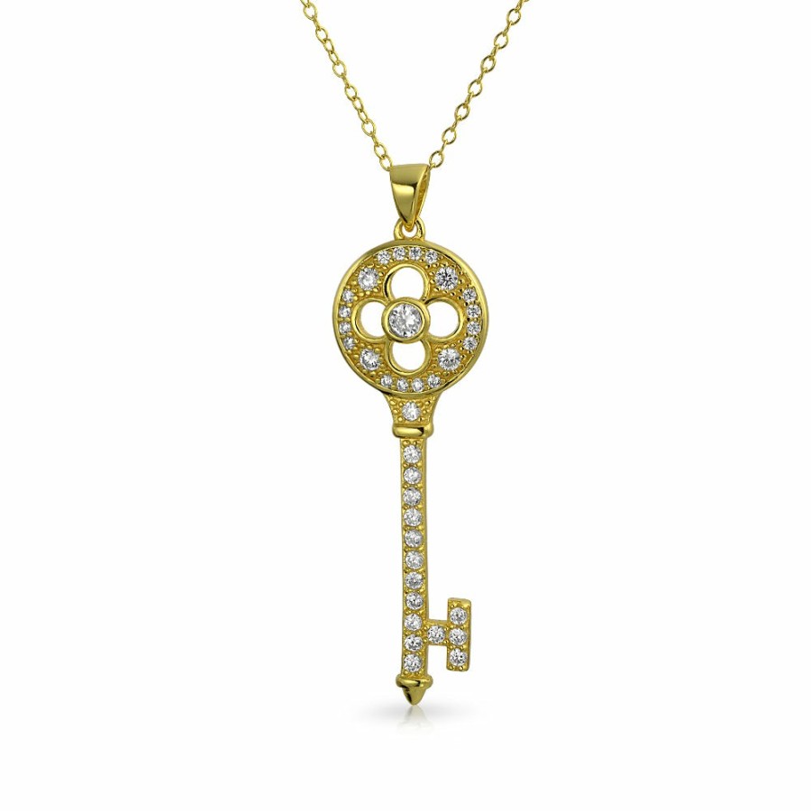 Shop Women Bling Jewelry Pendant Necklaces | Vintage Style Clover Key Pendant Pave Cz Gold Plated Silver