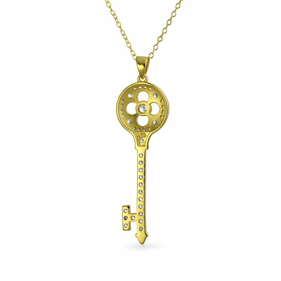 Shop Women Bling Jewelry Pendant Necklaces | Vintage Style Clover Key Pendant Pave Cz Gold Plated Silver