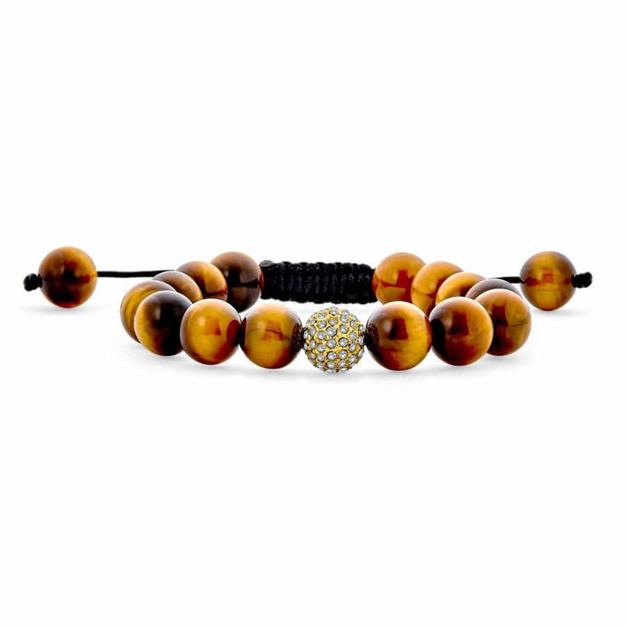 Shop Men Bling Jewelry Shamballa Inspired Bracelets | Black Onyx Bead Genuine Tiger Eye Brown Leather Multi Strand Bracelet