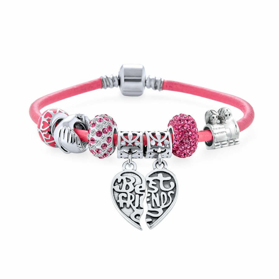 Shop Women Bling Jewelry Charm Bracelets | Bff Sister Split Heart Butterfly Leather Charm Bracelet Sterlingsilver