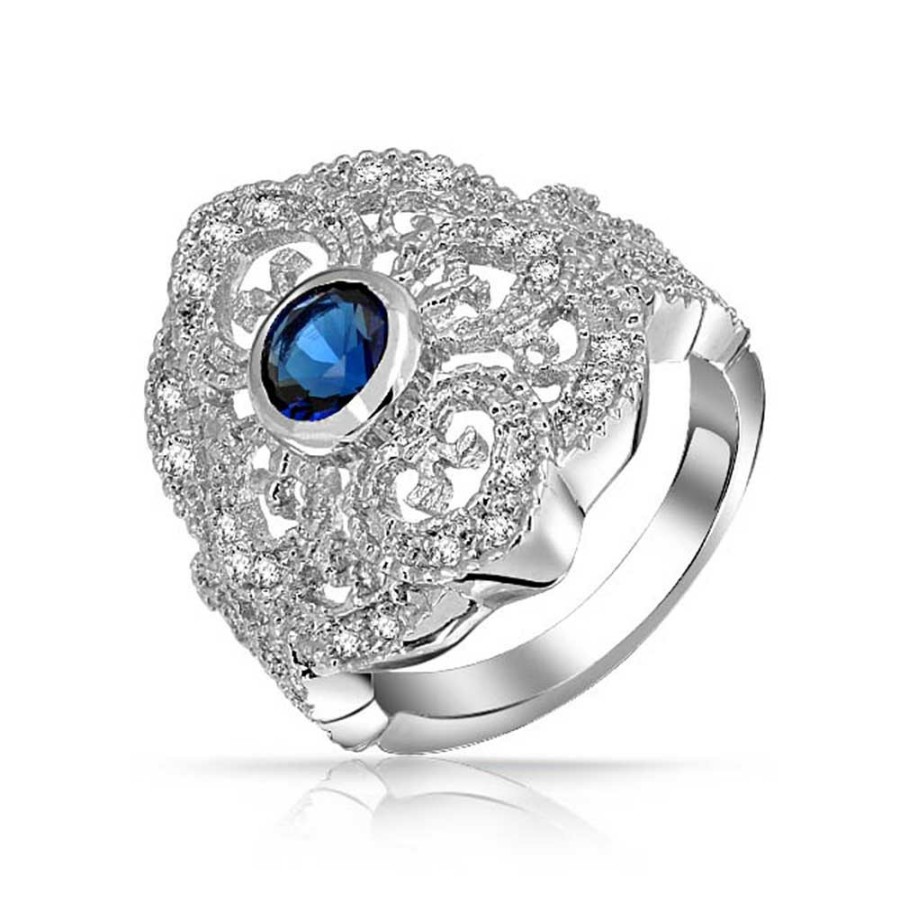 Shop Women Bling Jewelry Statement Cocktail Rings | Boho Blue Cz Filigree Heart Armor Full Finger Ring Silver Plated Brass