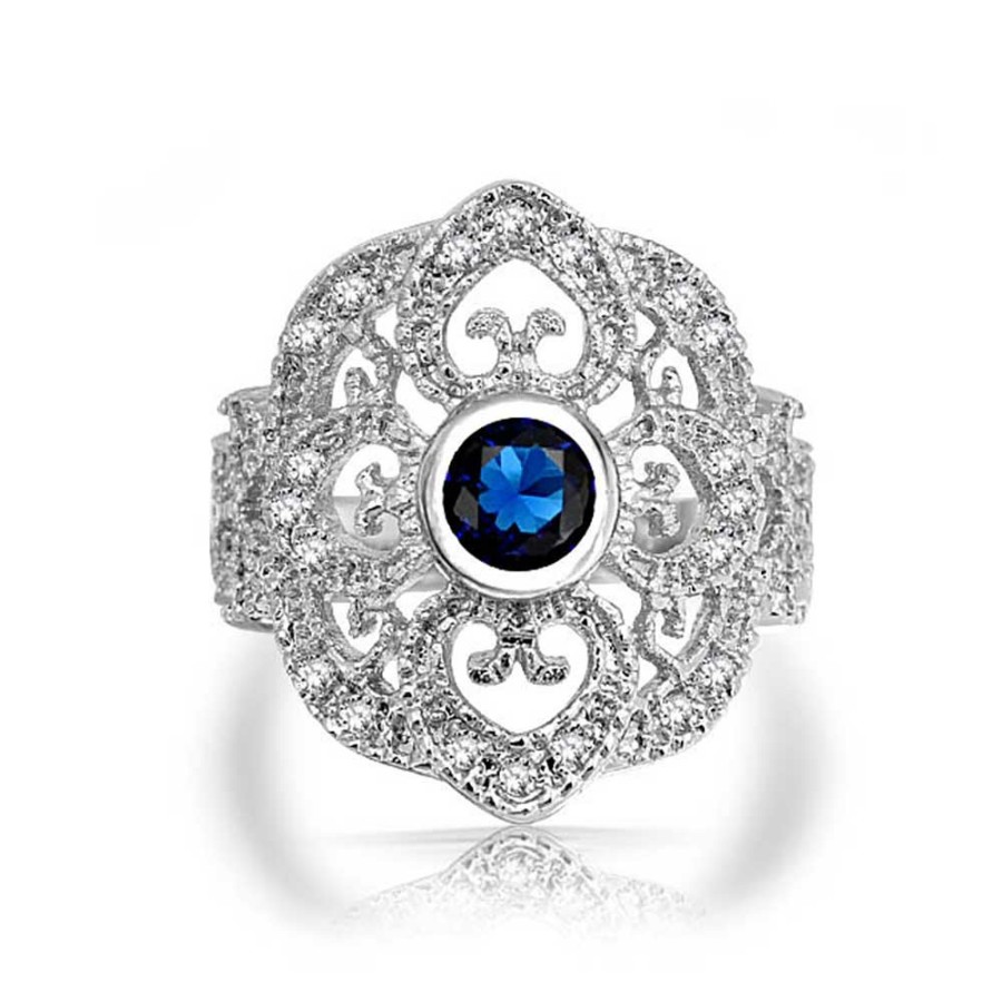 Shop Women Bling Jewelry Statement Cocktail Rings | Boho Blue Cz Filigree Heart Armor Full Finger Ring Silver Plated Brass