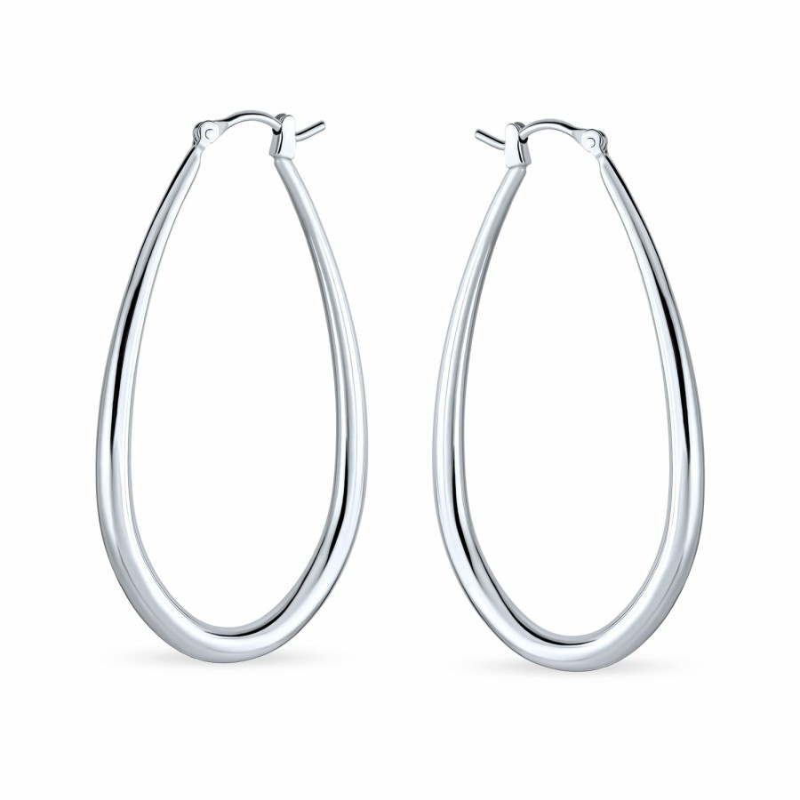 Shop Women Bling Jewelry Hoops Huggies Earrings | Oval Hoop Earrings .925 Sterling Silver Hinged Notched Post 2 Inch