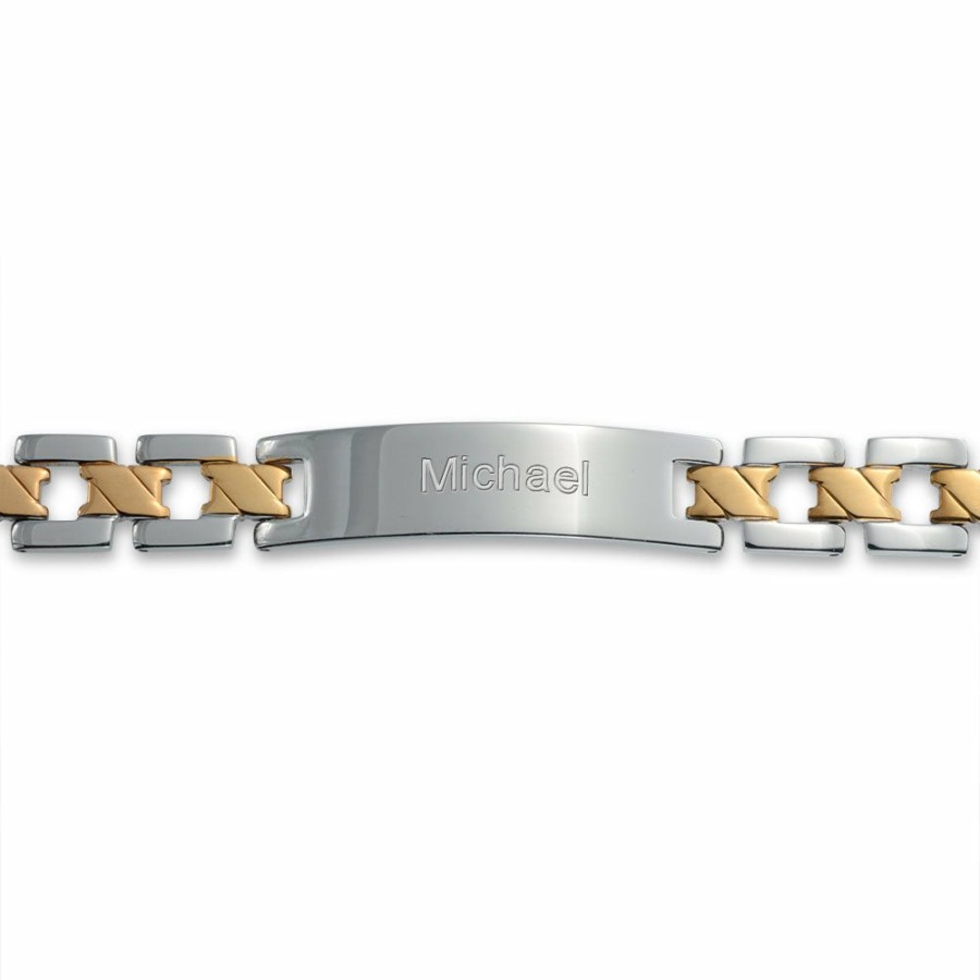 Shop Men Bling Jewelry Mens Engravable Bracelets | Mens Identification Id Bracelet Cross X Two Tone Gold Stainless Steel