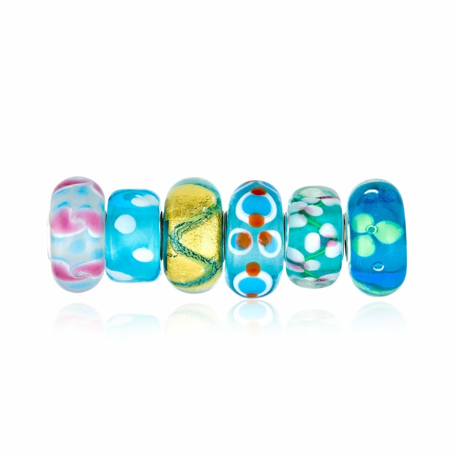 Shop Women Bling Jewelry Flower Beads | Mixed Set Blue Green Pink Multicolor Murano Glass Swirl Charm Bead