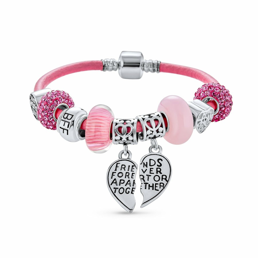 Shop Women Bling Jewelry Engravable Charms | Bff Sister Split Heart Butterfly Leather Charm Bracelet Sterlingsilver