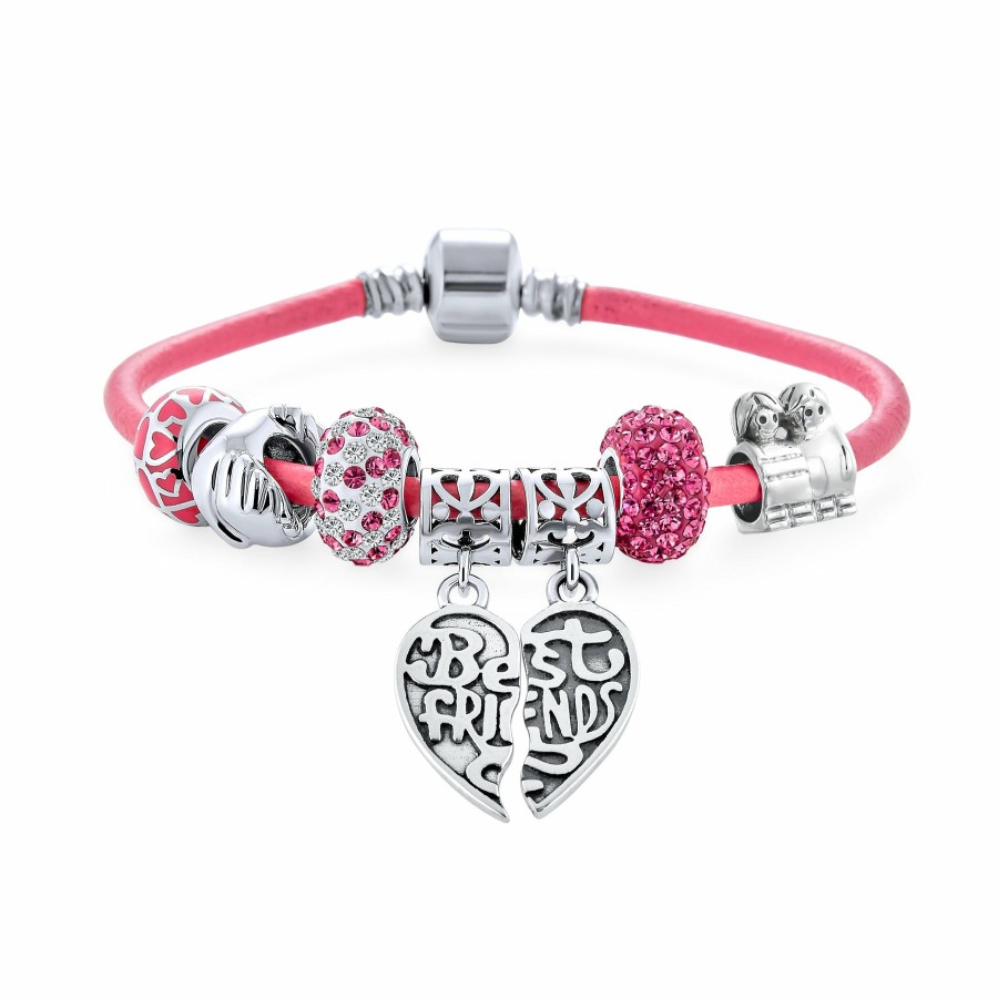 Shop Women Bling Jewelry Engravable Charms | Bff Sister Split Heart Butterfly Leather Charm Bracelet Sterlingsilver