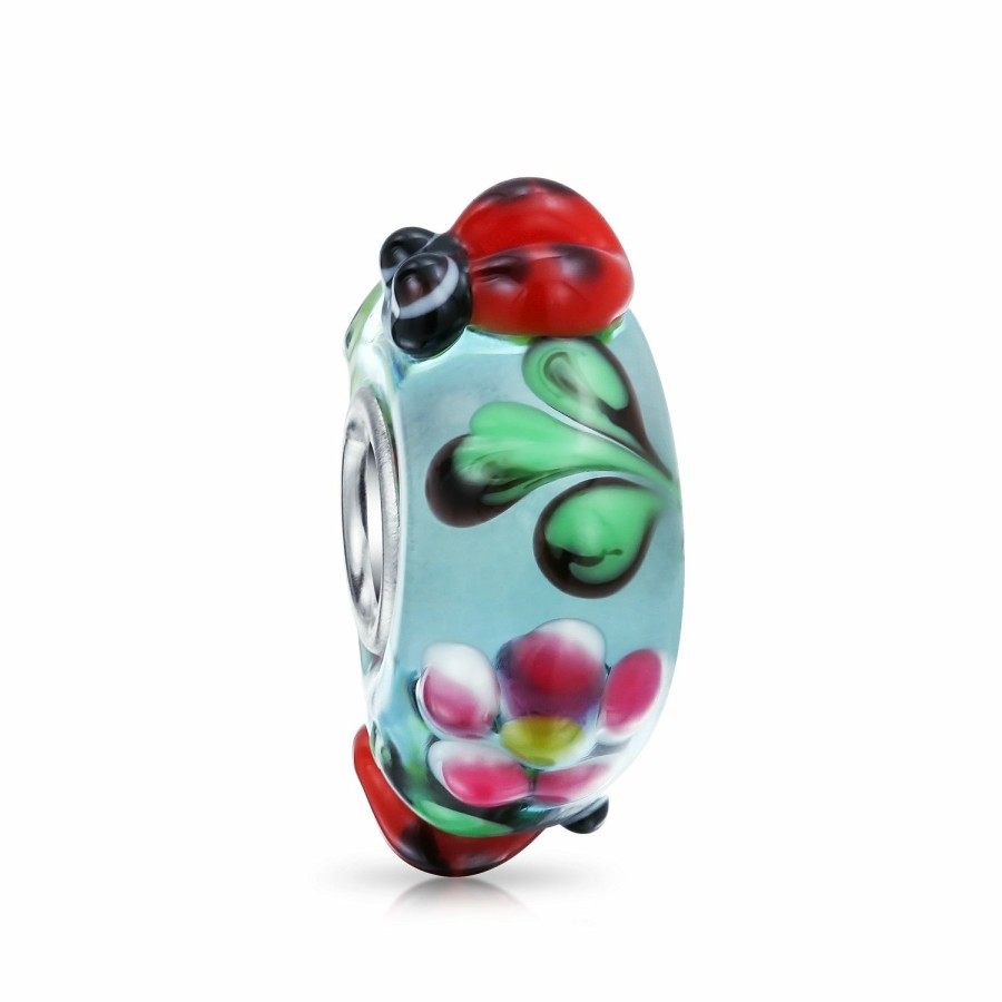 Shop Women Bling Jewelry Flower Beads | Ladybug Bee Insect Flower Lampwork Murano Glass Bead Charm Silver