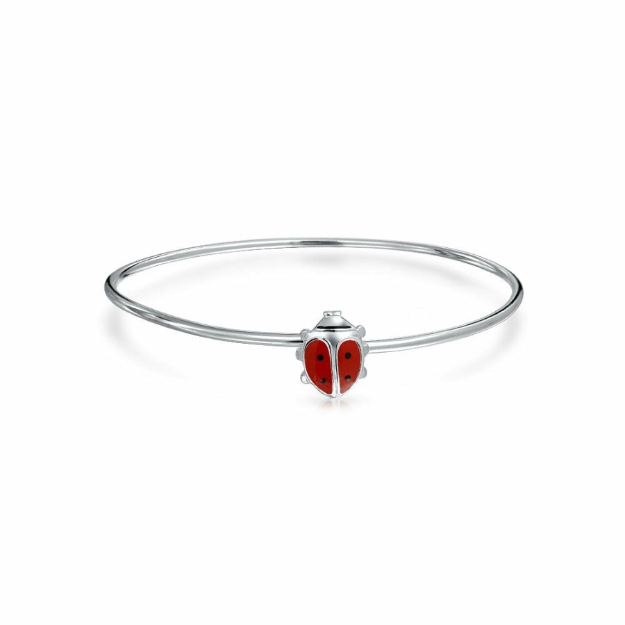 Shop Women Bling Jewelry | Dainty Ladybug Red Small Bangle Charm Bangle Bracelet Sterling Silver