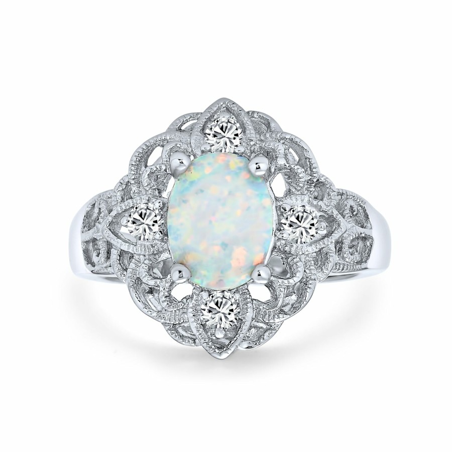 Shop Women Bling Jewelry Unique Rings | Oval Flower White Created Opal Full Finger Ring .925 Sterling Silver