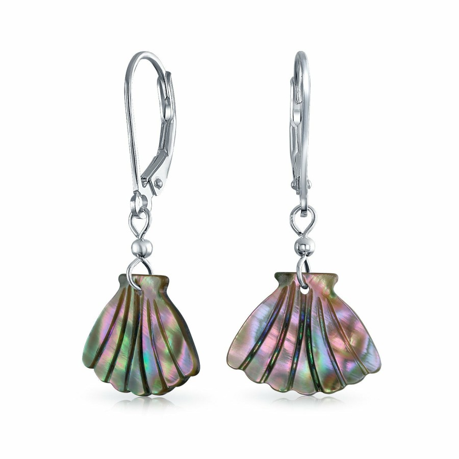 Shop Women Bling Jewelry Dangle Drop Earrings | Carved Abalone Clam Dangle Lever Back Earrings .925 Sterling Silver