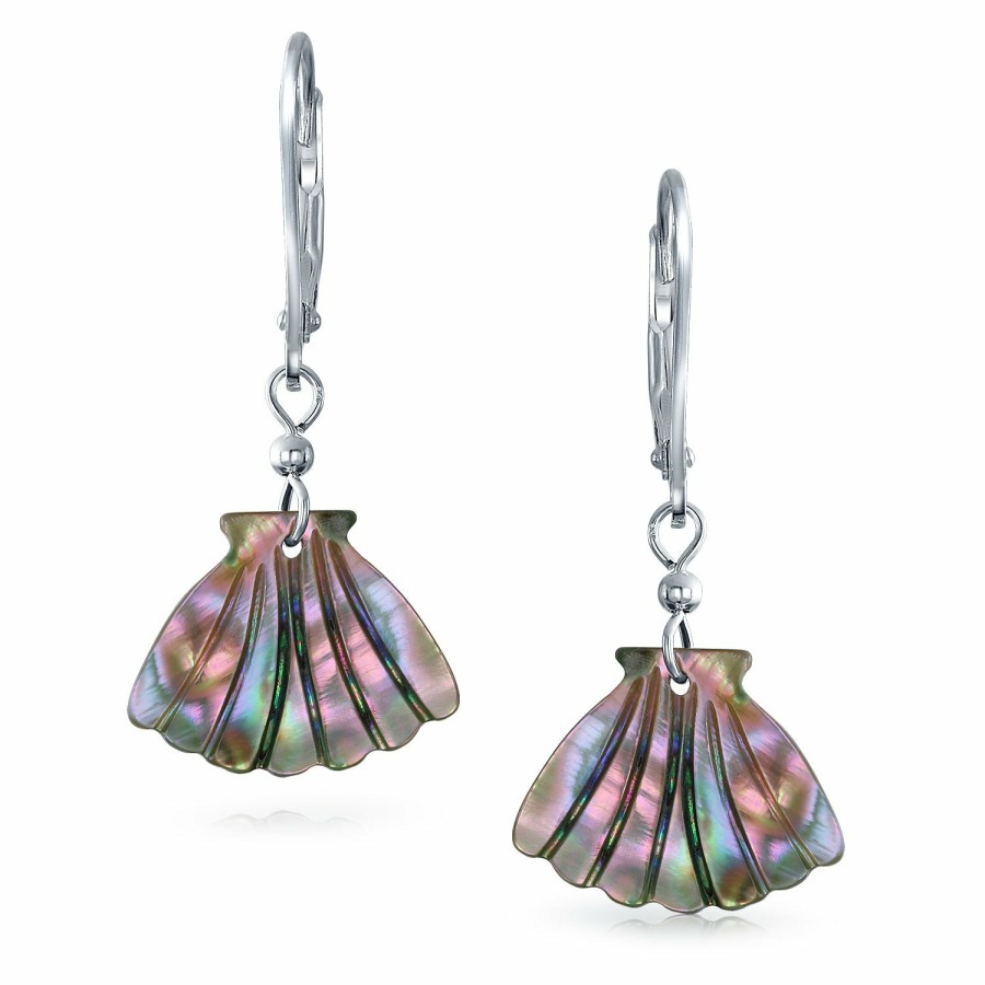 Shop Women Bling Jewelry Dangle Drop Earrings | Carved Abalone Clam Dangle Lever Back Earrings .925 Sterling Silver