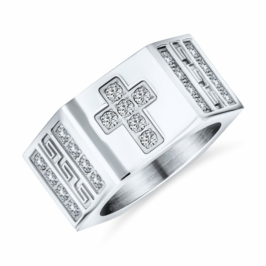 Shop Women Bling Jewelry Wedding Bands | Men Greek Key Geometric Accent Cross Men'S Rectangle Signet Statement Band Ring