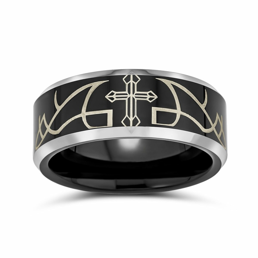 Shop Men Bling Jewelry Mens Engravable Rings | Laser Etched Catholic Christ Thorn Cross Band Titanium Rings 8Mm Black