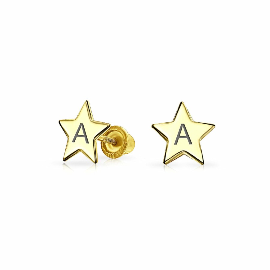 Shop Women Bling Jewelry Engravable Earrings | Minimalist Drop Ball Threader Star Stud Earrings Real 14K Yellow Gold