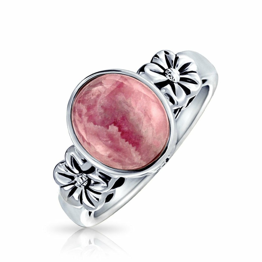 Shop Women Bling Jewelry Engravable Rings | Flower Oval Pink Rhodochrosite Gemstone Ring Band .925 Sterling Silver