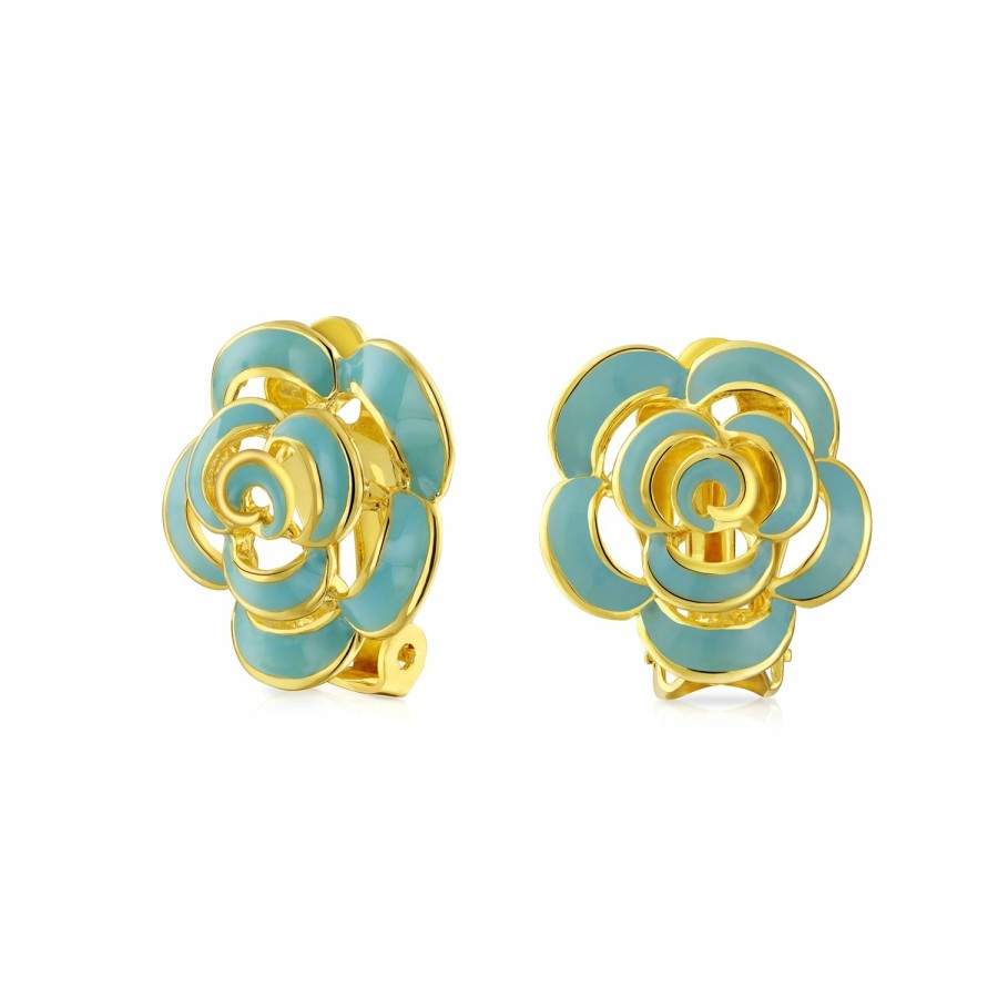 Shop Women Bling Jewelry Clip On Earrings | Turquoise Blue Rose Flower Retro Clip On Earrings Gold Plated