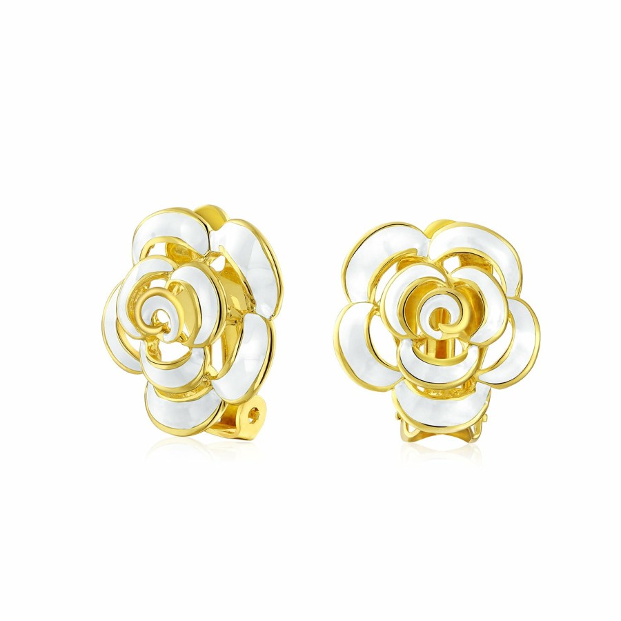 Shop Women Bling Jewelry Clip On Earrings | Turquoise Blue Rose Flower Retro Clip On Earrings Gold Plated