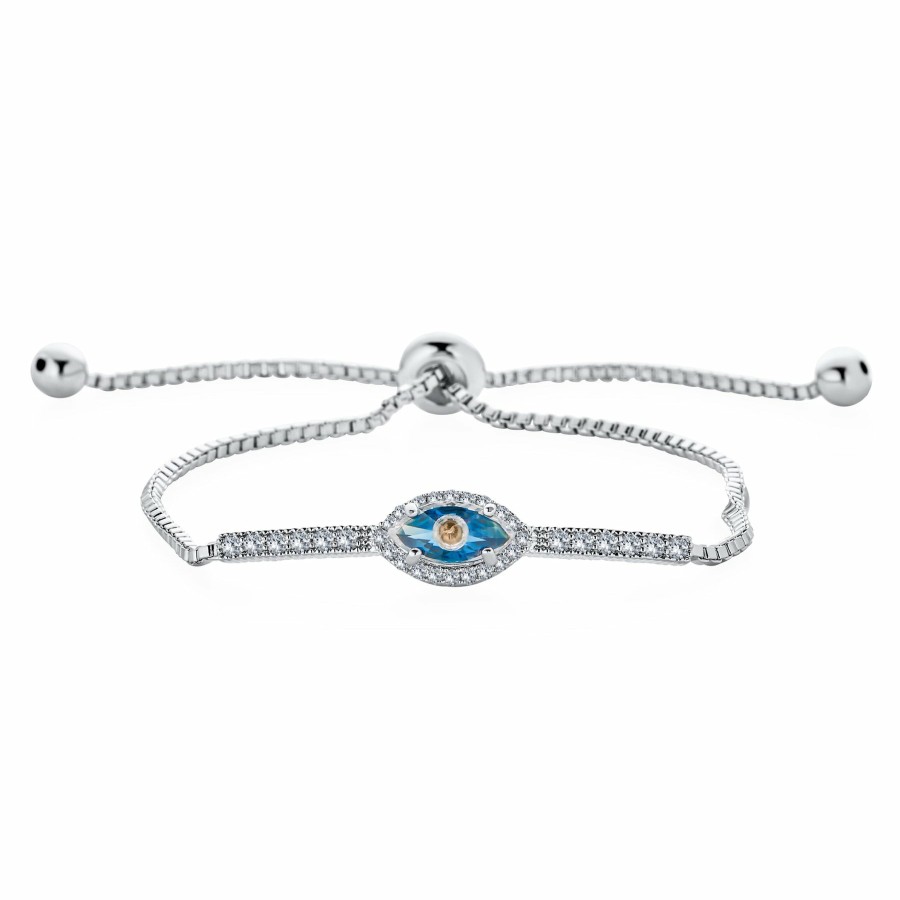 Shop Women Bling Jewelry Unique Bracelets | Spiritual Protection Pave Cz Halo Blue Evil Eye Charm Bolo Style Bracelet