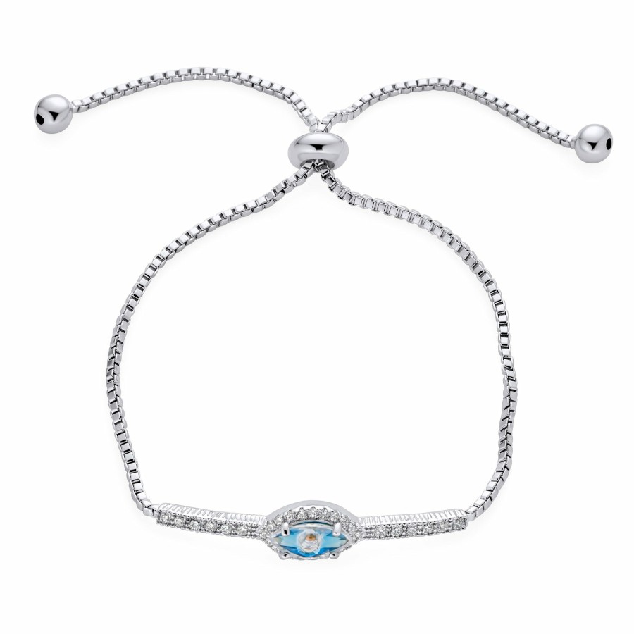 Shop Women Bling Jewelry Unique Bracelets | Spiritual Protection Pave Cz Halo Blue Evil Eye Charm Bolo Style Bracelet