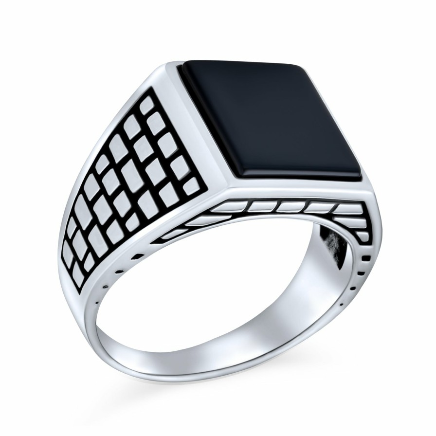 Shop Men Bling Jewelry Mens Rings | Mens Brick Accent Gemstone Statement Rectangle Signet Ring Black Onyx