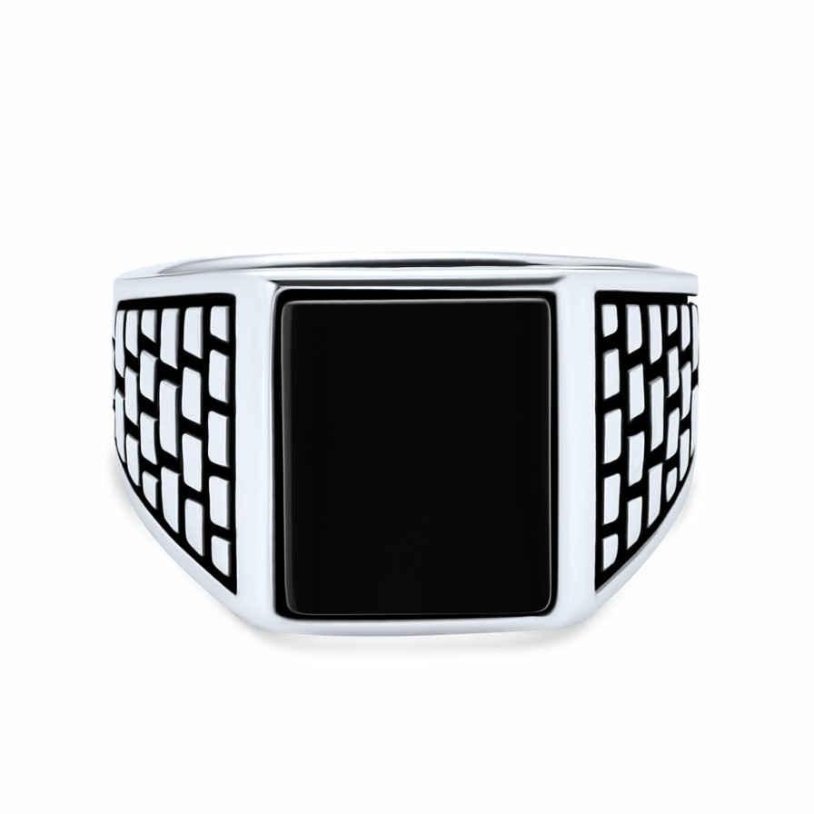 Shop Men Bling Jewelry Mens Rings | Mens Brick Accent Gemstone Statement Rectangle Signet Ring Black Onyx