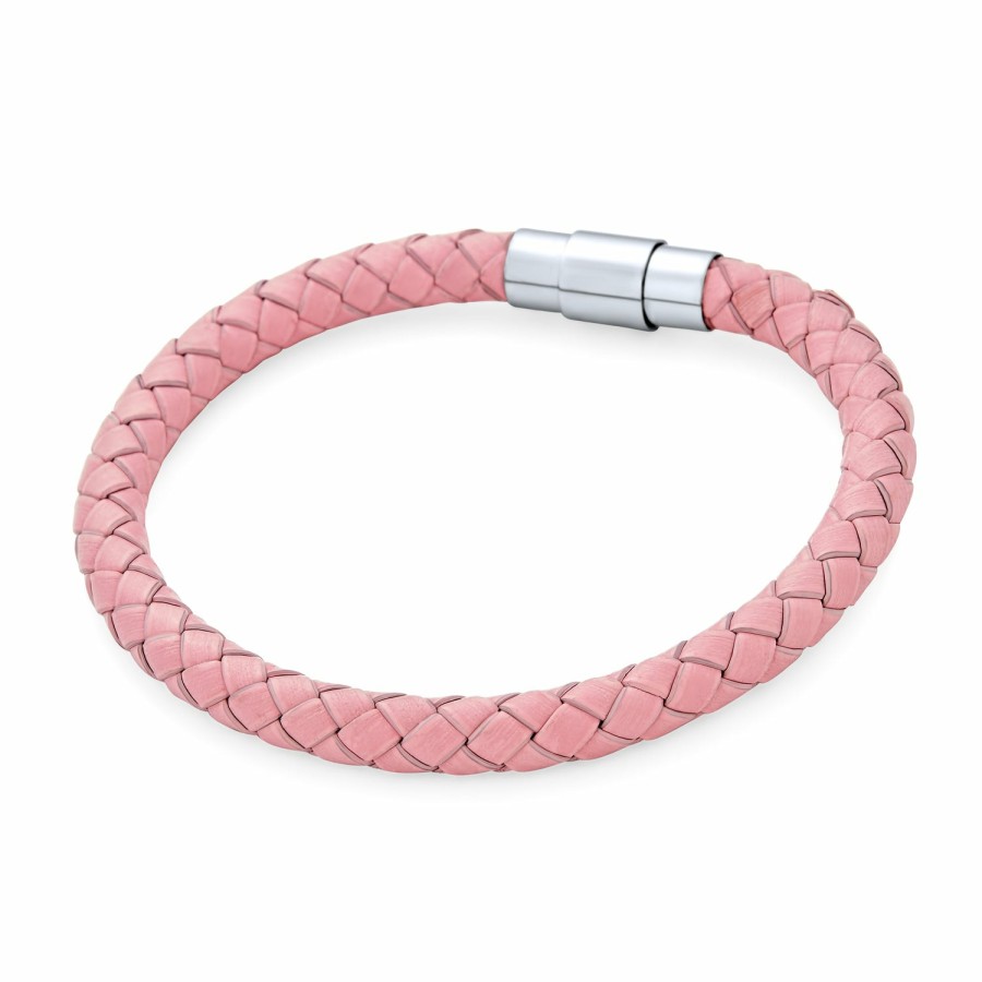 Shop Women Bling Jewelry Wrap Stretch Bracelets | Blue Woven Braided Faux Leather Bangle Bracelet Stainless Steel Pink