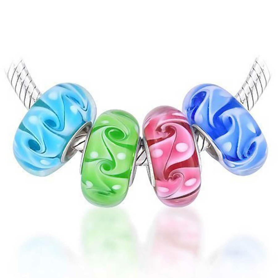 Shop Women Bling Jewelry Glass Crystal Beads | Ocean Wave Swirl Murano Glass Mix Set Of 4 Fit Charm Bracelet Silver