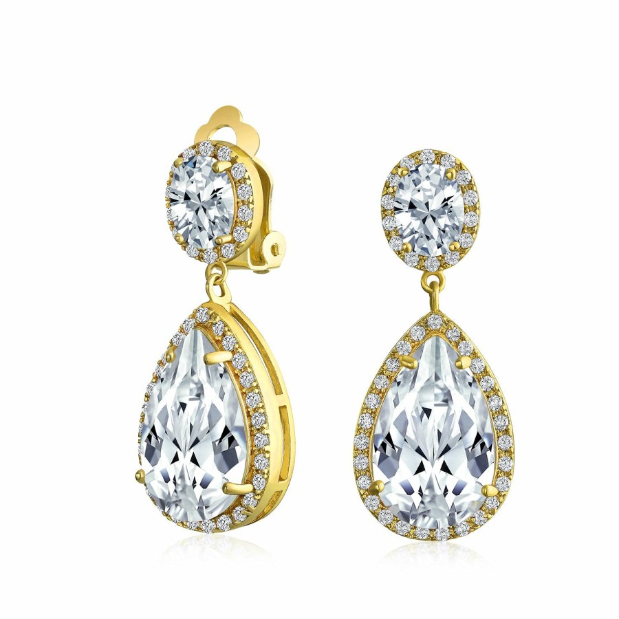 Shop Women Bling Jewelry Clip On Earrings | Teardrop Cz Halo Statement Dangle Clip On Earring Plated