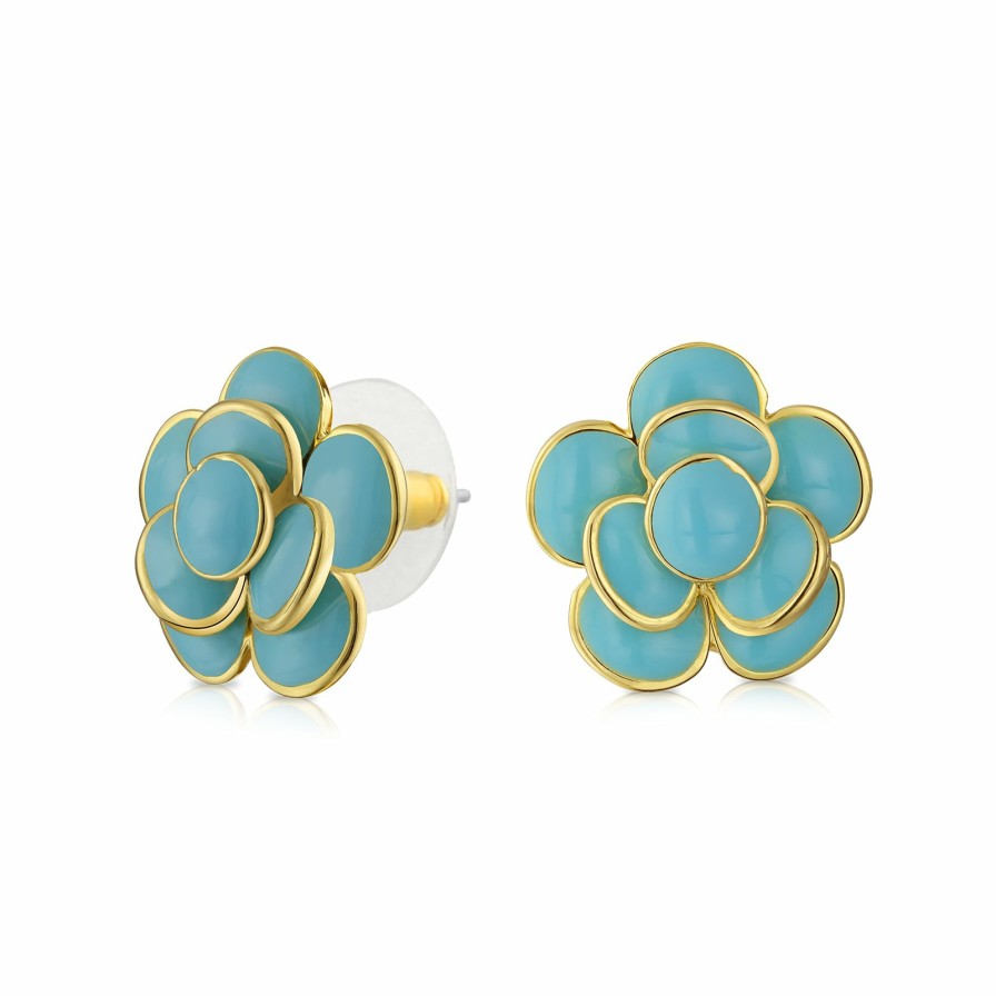 Shop Women Bling Jewelry Stud Earrings | Turquoise Rose Flower Spring Retro Stud Earrings Ears Gold Plated