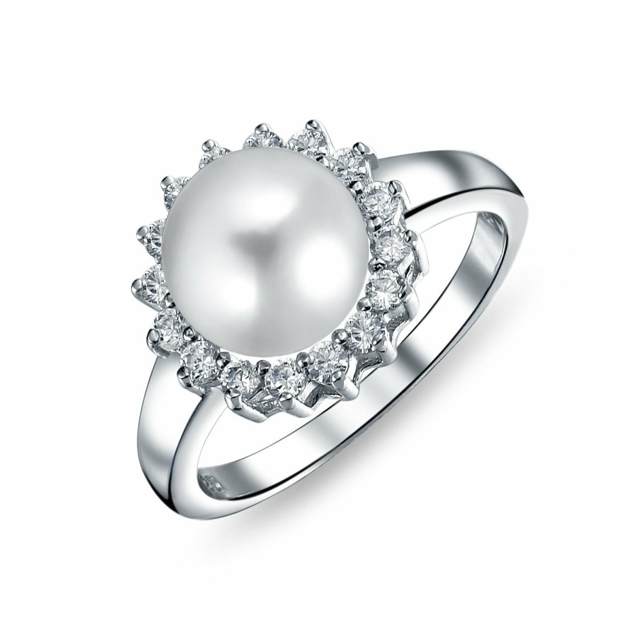 Shop Women Bling Jewelry Engagement Rings | Solitaire White Pearl Engagement Cocktail Ring .925Sterling Silver