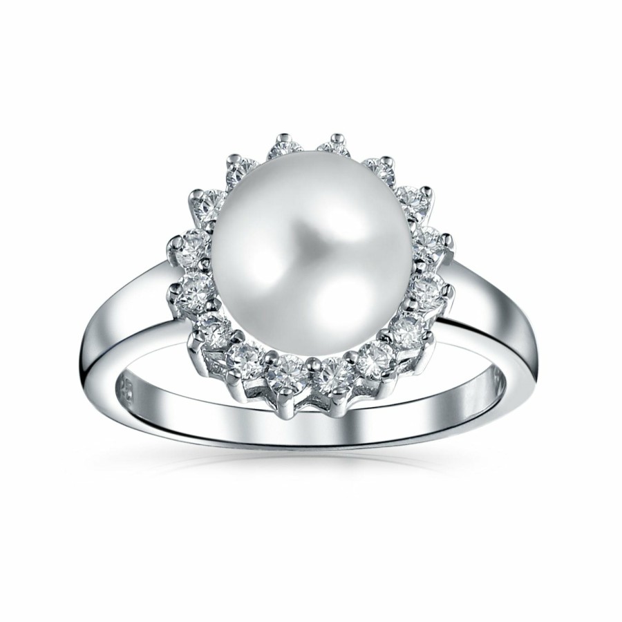 Shop Women Bling Jewelry Engagement Rings | Solitaire White Pearl Engagement Cocktail Ring .925Sterling Silver