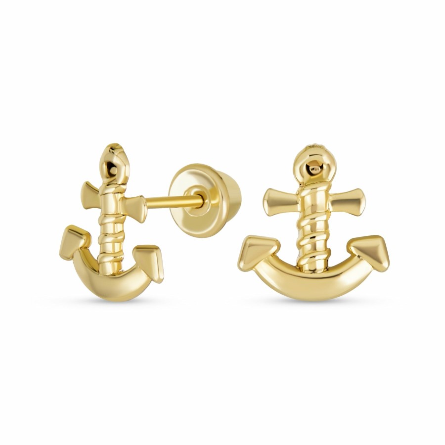 Shop Women Bling Jewelry Stud Earrings | Small Nautical Anchor Stud Earrings Genuine 14K Yellow Gold Screw Back