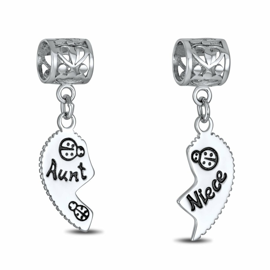 Shop Women Bling Jewelry Engravable Charms | Aunt Niece Puzzle 2Pc Split Heart Dangle Bead Charm Sterling Silver