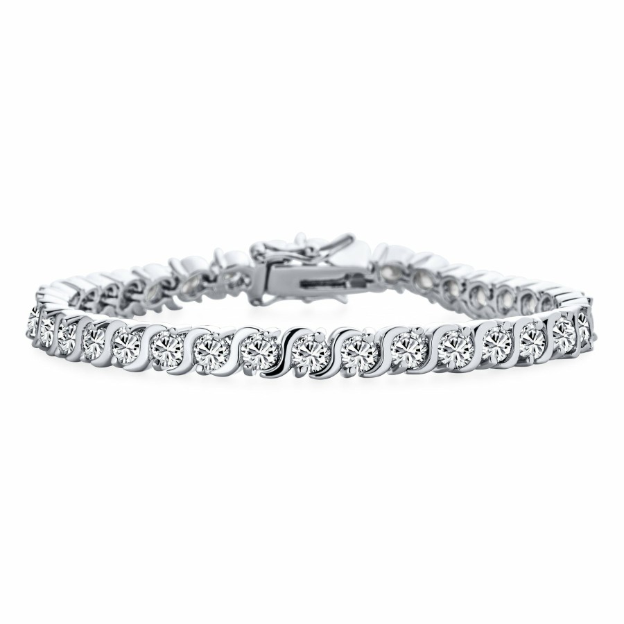 Shop Women Bling Jewelry Tennis Bracelets | Bridal Wave S Link Cz Solitaire Tennis Bracelet Silver Plated 7,7.5"