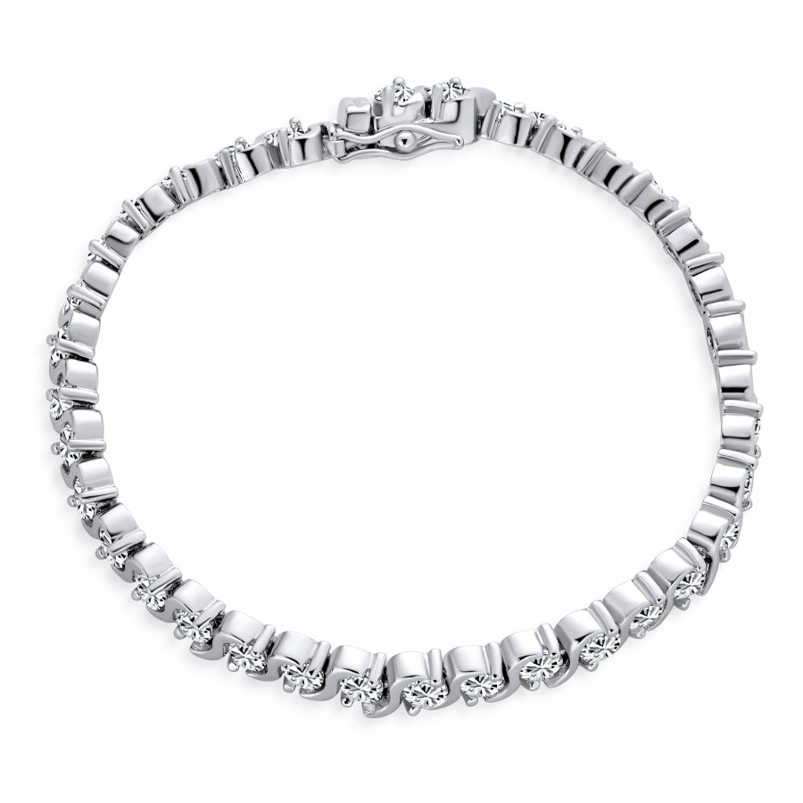 Shop Women Bling Jewelry Tennis Bracelets | Bridal Wave S Link Cz Solitaire Tennis Bracelet Silver Plated 7,7.5"