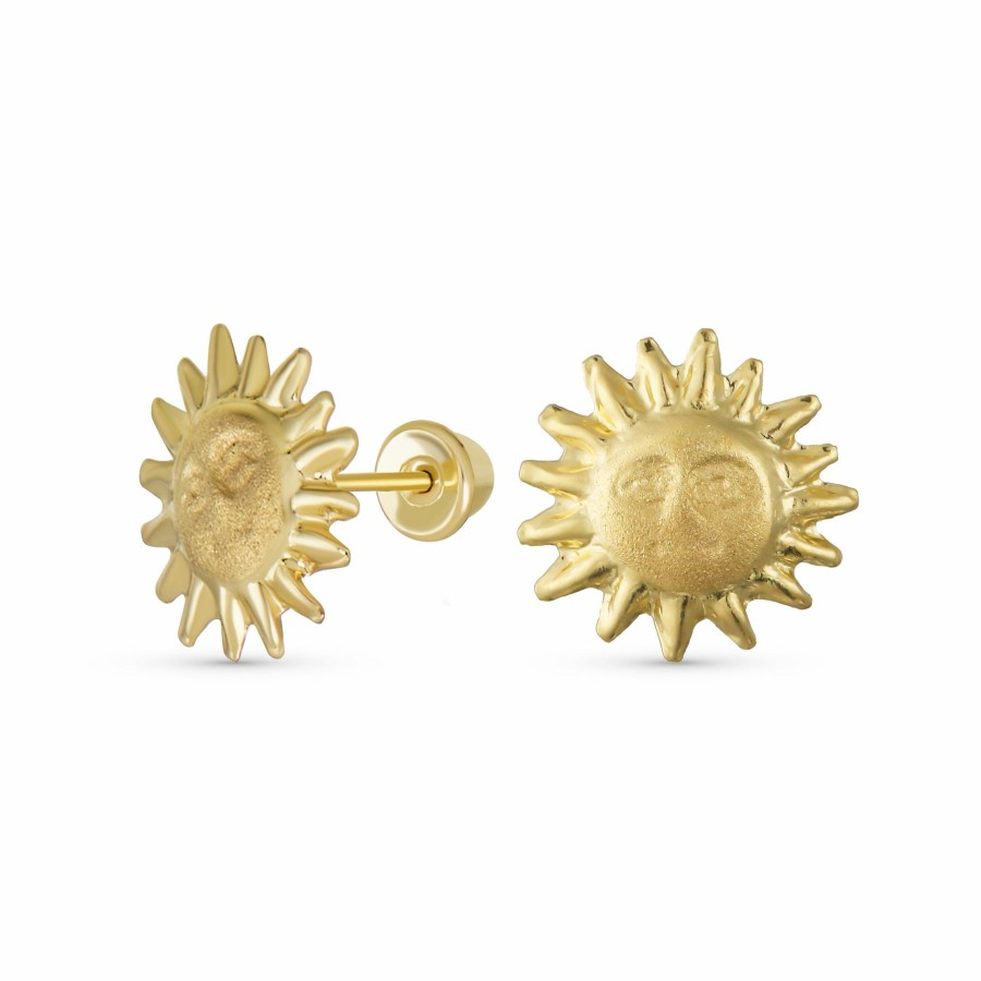 Shop Women Bling Jewelry | Tiny Sunshine Happy Face Sun Stud Earrings Genuine 10K Yellow Gold