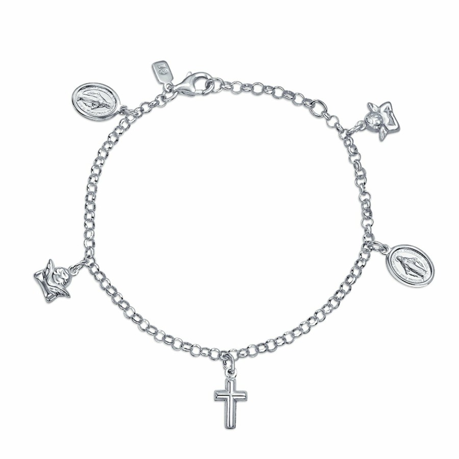 Shop Women Bling Jewelry Charm Bracelets | Virgin Mary Cross Dangle Religious Charm Bracelet .925 Sterling Silver