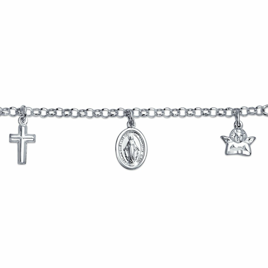 Shop Women Bling Jewelry Charm Bracelets | Virgin Mary Cross Dangle Religious Charm Bracelet .925 Sterling Silver