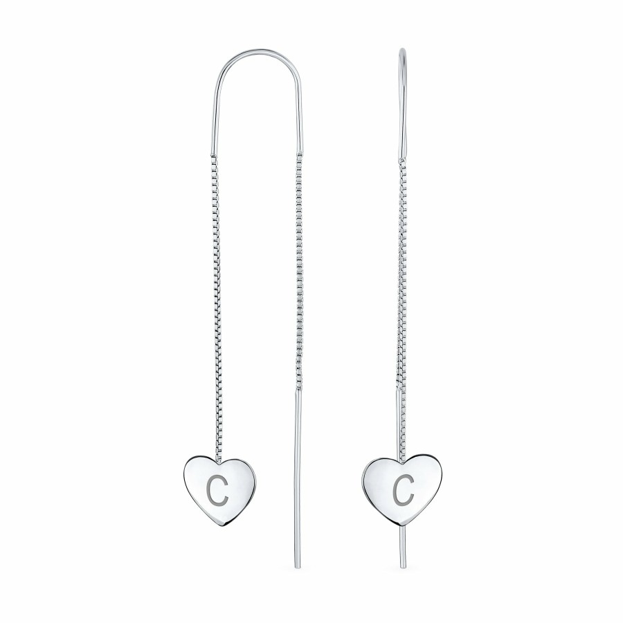 Shop Women Bling Jewelry Engravable Earrings | Initial Long Flat Heart Chain Threader Earrings .925Sterling