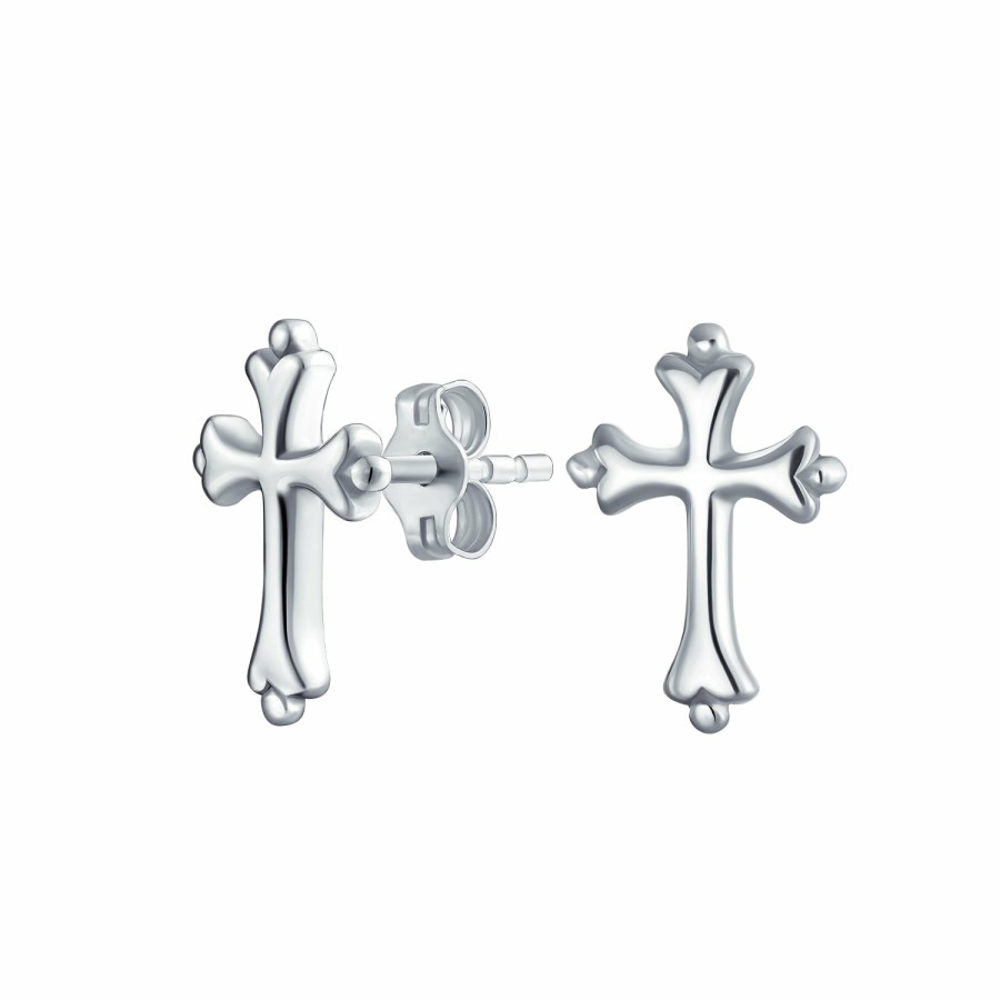 Shop Women Bling Jewelry Stud Earrings | Simple Fleur De Lis Cross Stud Earrings Religious Jewelry .925 Sterling