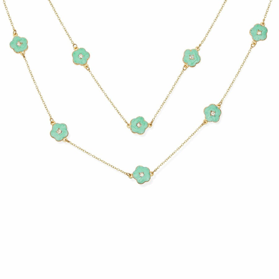 Shop Women Bling Jewelry Statement Necklaces | Flower Gold Plated Crystal Chain Wrap Layer Long Clover Necklace 36"