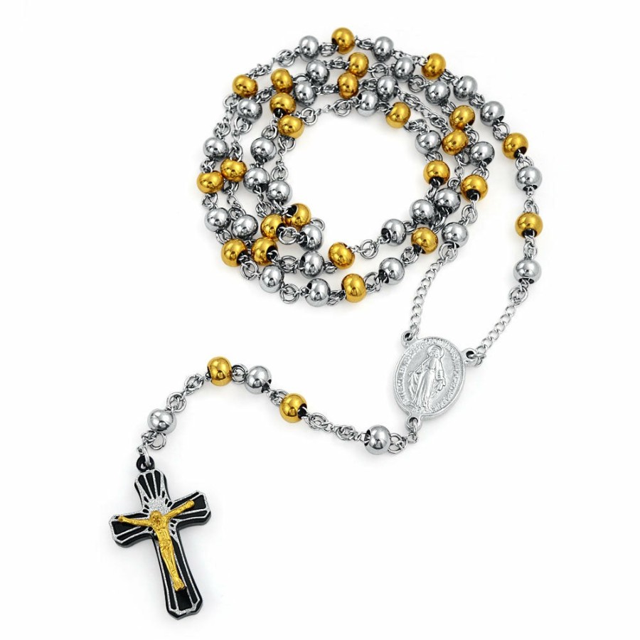 Shop Women Bling Jewelry Pendant Necklaces | Mens Virgin Mary Rosary Crucifix Necklace Tri Color Stainless Steel